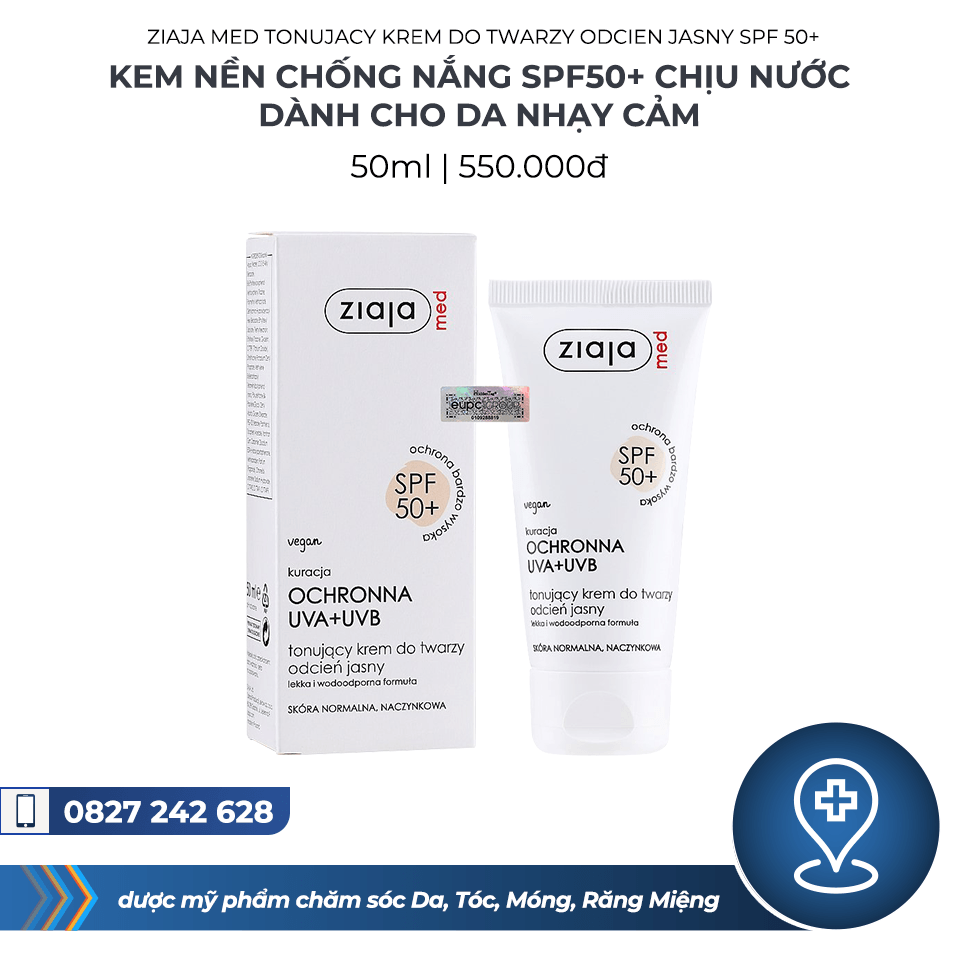 Ziaja Med Tonujacy Krem do Twary Odcien Jasny SPF 50+ 50ml - Kem nền chống nắng SPF50+ chịu nước dành cho da nhạy cảm