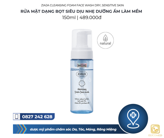 Ziaja Cleansing Foam Face Wash Dry, Sensitive Skin 150ml - Rửa mặt dạng bọt siêu dịu nhẹ dưỡng ẩm làm mềm
