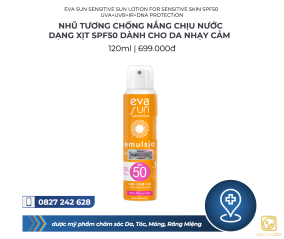 Eva Sun Sensitive Sun Lotion for Sensitive Skin SPF50 UVA+UVB+IR+DNA Protection 120ml - Nhũ tương chống nắng chịu nước dạng xịt SPF50 dành cho da nhạy cảm