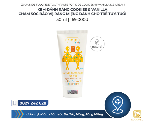 Ziaja Kids Fluoride Toothpaste For Kids Cookies 'n' Vanilla Ice Cream 50ml - Kem Đánh Răng Cookies & Vanilla Chăm Sóc Bảo Vệ Răng Miệng Dành Cho Trẻ Từ 6 Tuổi